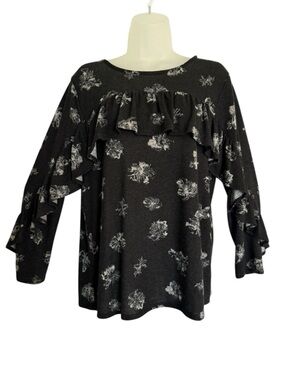 Simply Vera Vera Wang Black Floral Ruffle Knit Top Size Medium